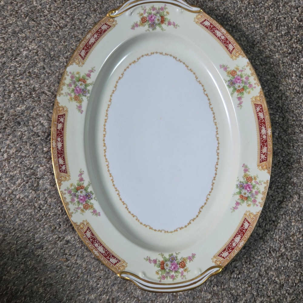 Noritake Occupied Japan Oval Serving Platter Floral Burgundy Gold Trim Vintage